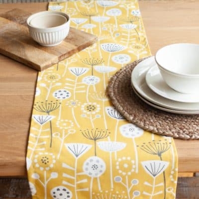 Scandi Floral Print Table Runner in Yellow and Grey