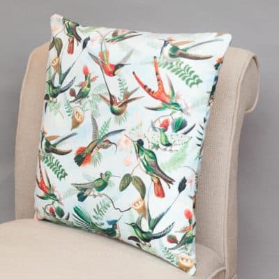 Extra-Large Velvet Botanical Hummingbird Cushion in White