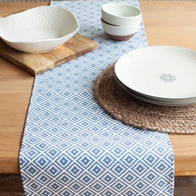 Two sizes. Dove Grey and White Scandi Style Ikat Geometric Print Table Runner