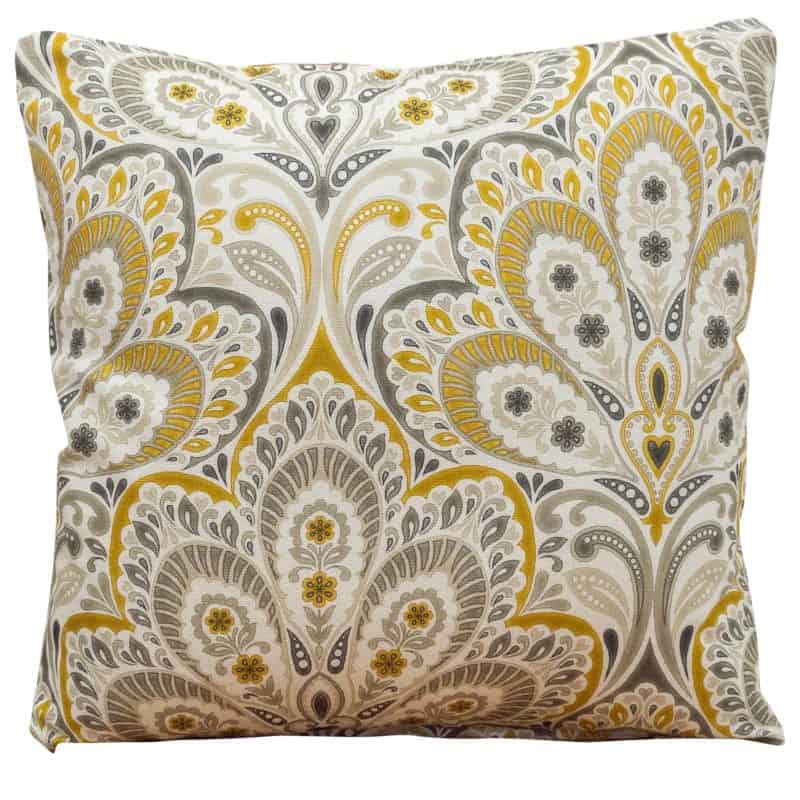 Grey and Ochre Fleur De Lis Damask Cushion
