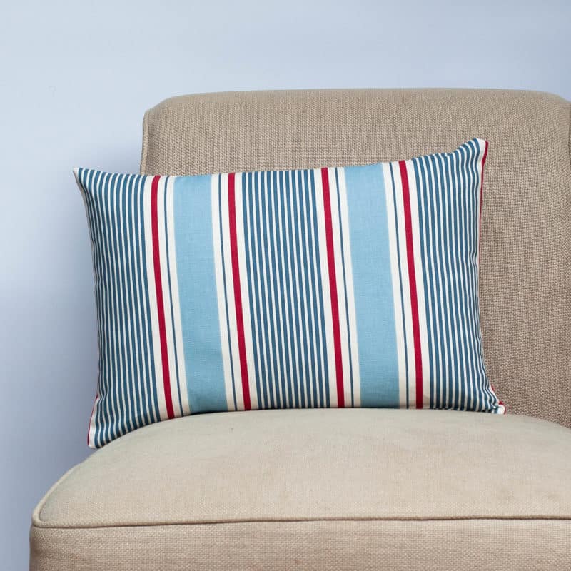 Coastal Stripe Boudoir Cushion in Soft Blue and Red