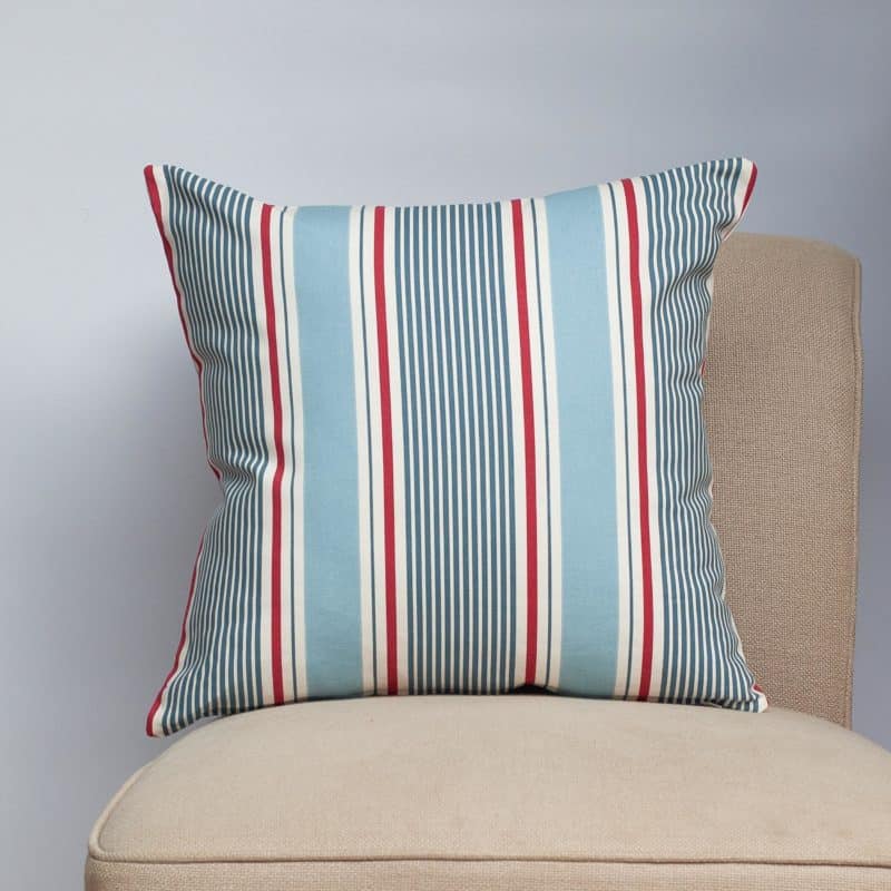 Coastal Stripe Cushion in Soft Blue and Red