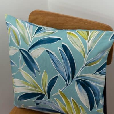 Tropical Banana Leaf Print Cushion in Duck Egg Blue