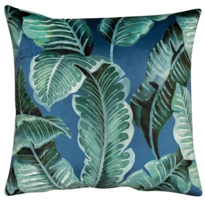 Calathea Jungle Leaf Velvet Cushion in Jewel Blue