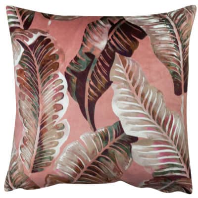 Calathea Jungle Leaf Velvet Cushion in Dusky Pink