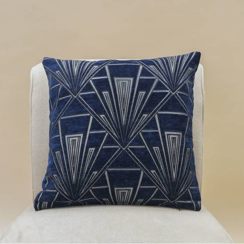 Art Deco Geometric Velvet Chenille Cushion in Navy Blue