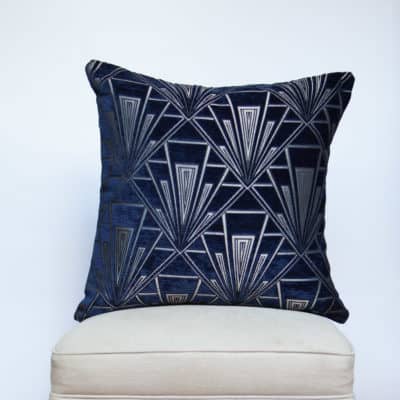 Art Deco Geometric Velvet Chenille Extra-Large Cushion in Navy Blue