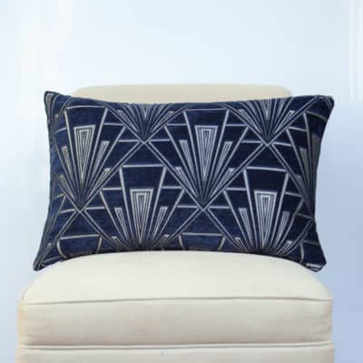 Art Deco Geometric Velvet Chenille XL Rectangular Cushion in Navy Blue