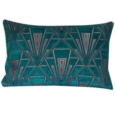 Art Deco Geometric Velvet Chenille XL Rectangular Cushion in Teal and Silver