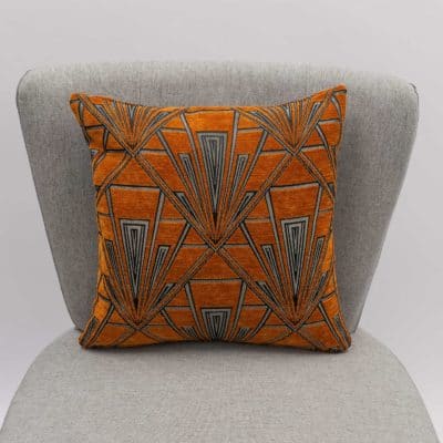 Art Deco Geometric Velvet Chenille Cushion in Burnt Orange and Silver