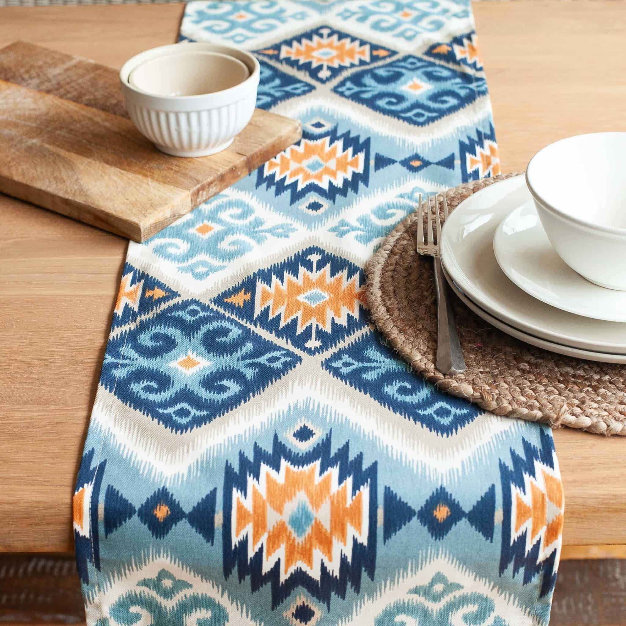 Navajo Kilim Table Runner in Teal Blue and Orange - Linen Loft