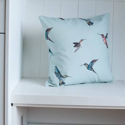 Hummingbird Print Cushion in Duck Egg Blue