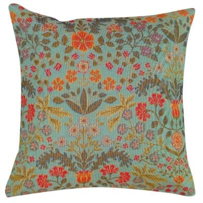 Morris Style Leaves and Berries Cushion in Duck Egg Blue