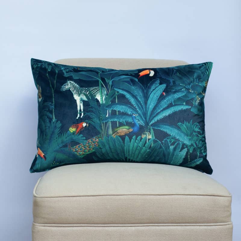 Palm Forest Velvet XL Rectangular Cushion in Teal