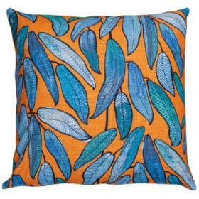 Extra-Large Linen Leaves Cushion in Petrol Blue and Tango