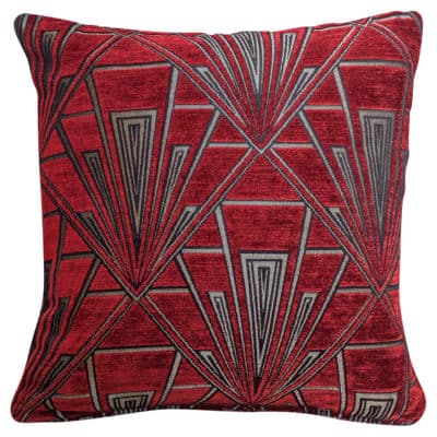 Art Deco Geometric Velvet Chenille Cushion in Red and Silver