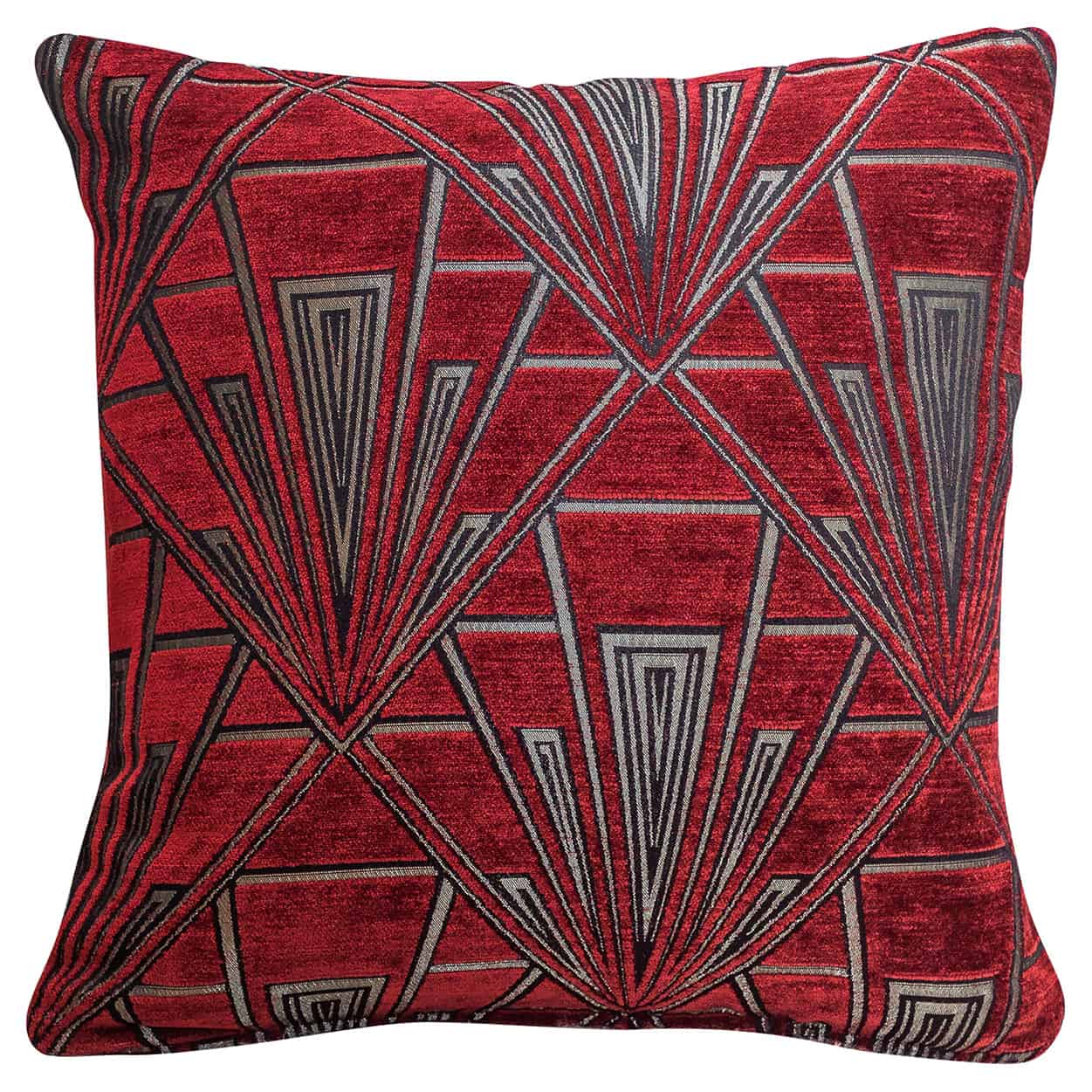 Art Deco Geometric Velvet Chenille Cushion in Red and Silver - Linen Loft